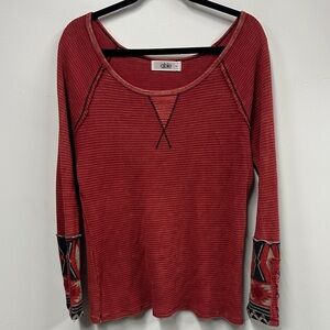 Able Women's Burgundy Long Sleeve Top with Patterned Cuffs M